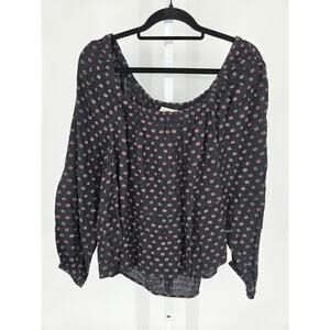 LOFT Black Metallic Shimmer Polka Dot Long Sleeve Blouse Women's Size M NEW